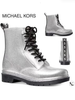 MICHAEL KORS Tavie Silver Logo Tape Lug Sole Lace-Up Rain Bootie Fashion Boots 8